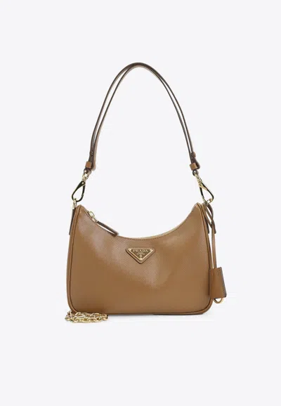 Prada Saffiano Leather Re-edition Shoulder Bag In Brown