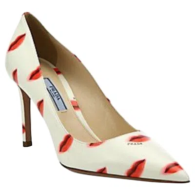 Pre-owned Prada Saffiano Leather Red Ivory Lip Point Toe Pumps Heels Shoes In White
