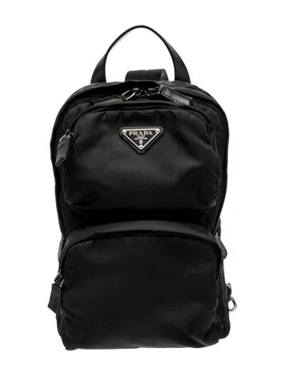 Pre-owned Prada Saffiano Leather Re-nylon Logo Backpack In Black
