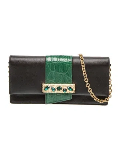 Pre-owned Prada Saffiano Leather Ribbon Wallet On Chain In Black