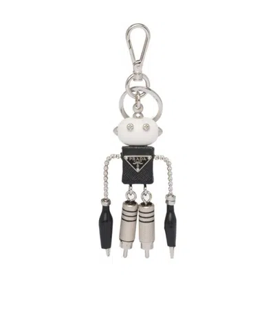 Prada Saffiano Leather Robot Keychain Trick In Steel/black