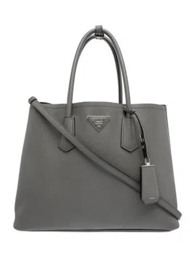 Pre-owned Prada Saffiano Leather Saffiano Cuir Double Bag Medium In Gray