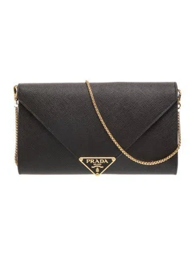 Pre-owned Prada Saffiano Leather Saffiano Envelope Chain Wallet Small In Black