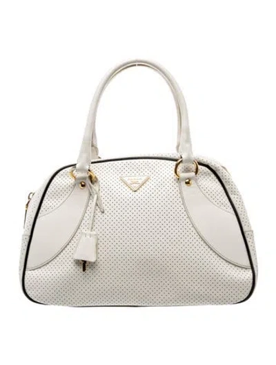 Pre-owned Prada Saffiano Leather Saffiano Fori Perforated Bowling Bag In Neutral