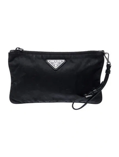 Pre-owned Prada Saffiano Leather Saffiano Lux-trimmed Tessuto Wrist Pouch In Black