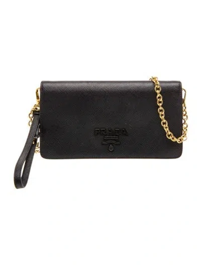 Pre-owned Prada Saffiano Leather Saffiano Shine Wallet On Chain In Black