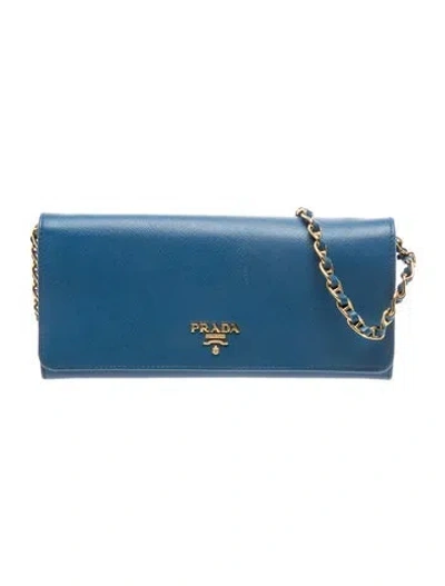 Pre-owned Prada Saffiano Leather Saffiano Wallet On Chain In Blue