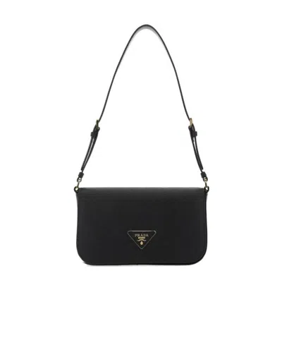 Prada Adjustable Leather Shoulder Bag With Zipper Pocket In Black