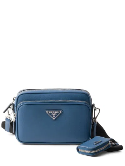 Prada Enamel Triangle Logo Attached Pouch Shoulder Bag In Blue