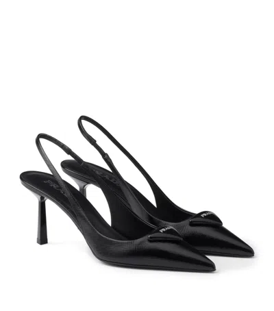 Prada 75mm Triangle-logo Leather Pumps In Black