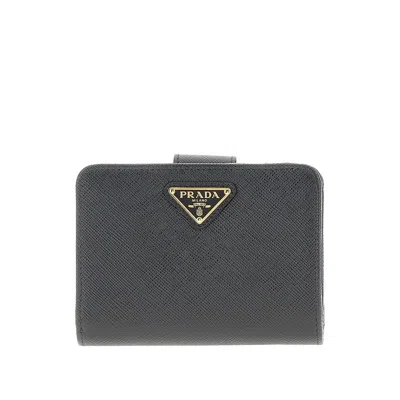 Prada Saffiano Leather Small Wallet With Zip In Black