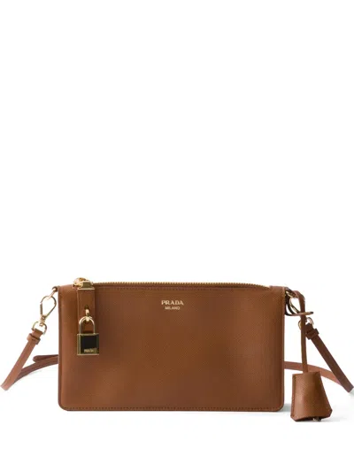 Prada Saffiano Leather Smartphone Pouch In Brown