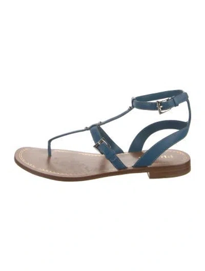 Pre-owned Prada Saffiano Leather Studded Accents T-strap Sandals In Blue