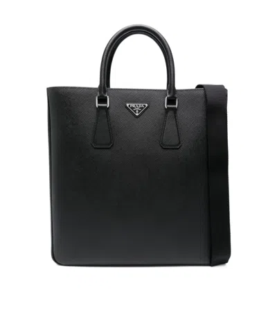 Prada Logo-stamp Leather Tote Bag In Schwarz