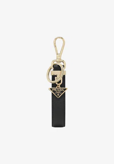 Prada Saffiano Leather Triangle Keyring In Black