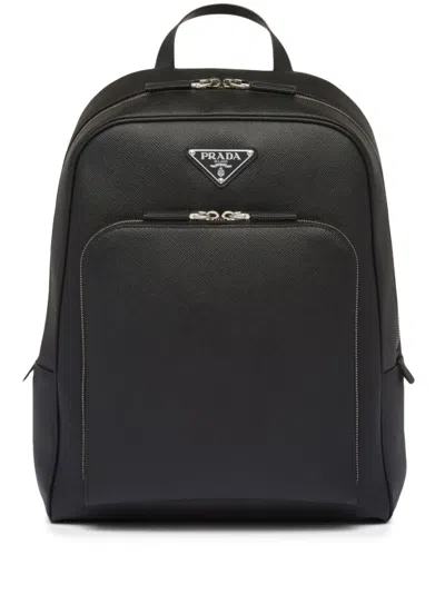 Prada Saffiano-leather Triangle-logo Backpack In Black