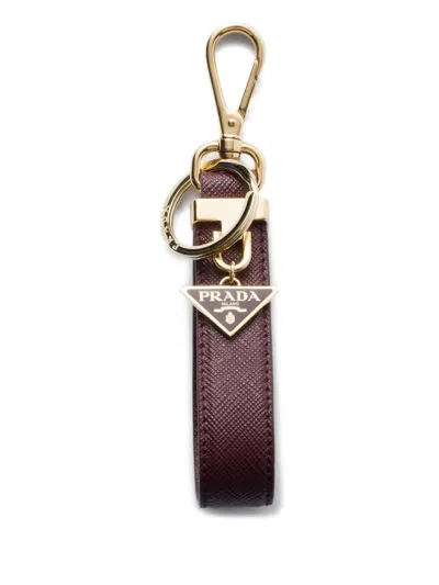 Prada Saffiano Leather Triangle-logo Keyring In Brown