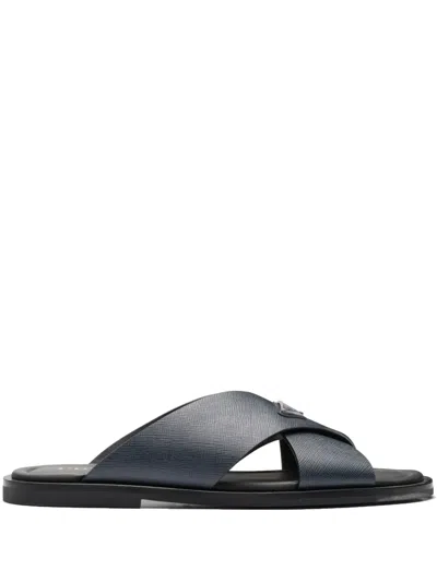 PRADA SAFFIANO-LEATHER TRIANGLE-LOGO SANDALS