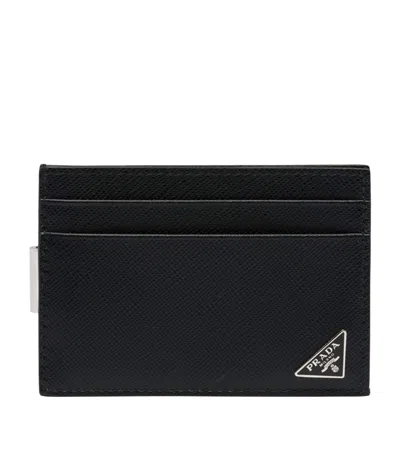 Prada Saffiano Leather Triangle Money Clip Card Holder In Black