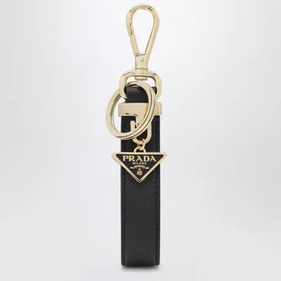 Prada Saffiano Leather Triangle-logo Keyring In Black