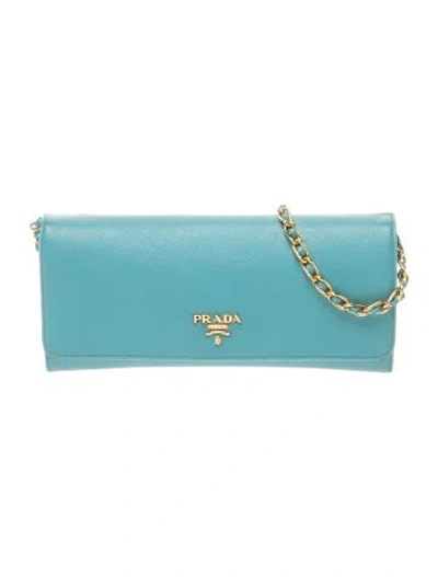 Pre-owned Prada Saffiano Leather Wallet On Chain In Blue