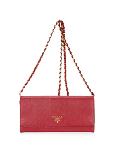 Pre-owned Prada Saffiano Leather Wallet On Chain In Red