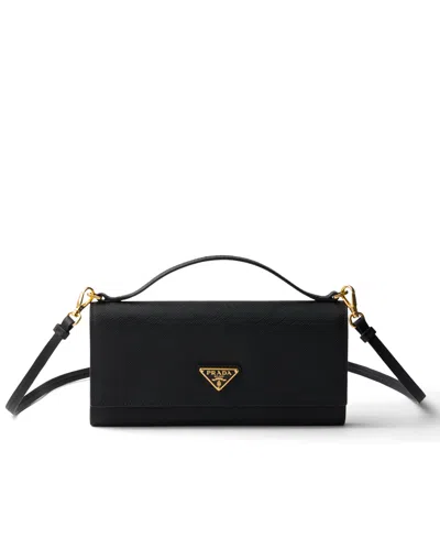 Prada Saffiano Leather Wallet With Shoulder Strap In Black