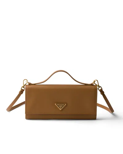 Prada Saffiano Leather Wallet With Shoulder Strap In Brown