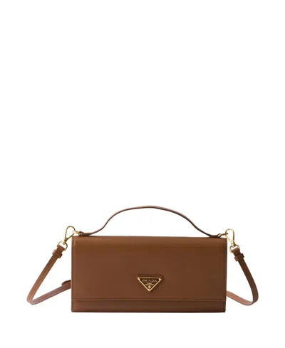 Prada Saffiano Leather Wallet With Shoulder Strap In Brown
