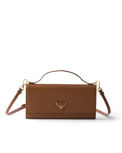 Prada Saffiano Leather Wallet With Shoulder Strap In Cognac