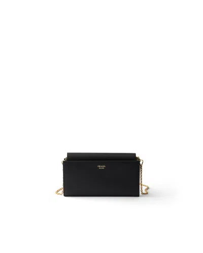 Prada Saffiano Leather Wallet With Shoulder Strap In Schwarz
