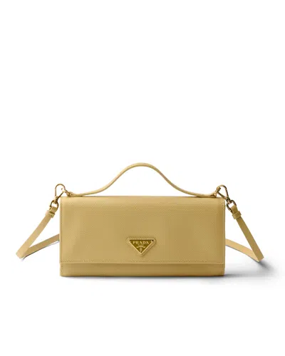 Prada Saffiano Leather Wallet With Shoulder Strap In Yellow