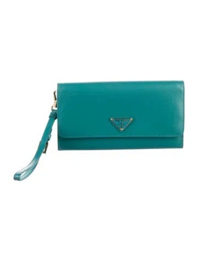 Pre-owned Prada Saffiano Leather Wristlet In Green