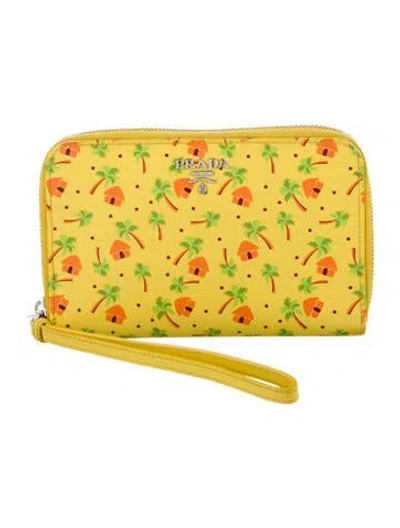 Pre-owned Prada Saffiano Leather Wristlet In Yellow