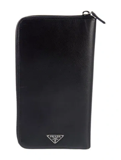 Pre-owned Prada Saffiano Leather Zip Around Wallet In Black