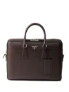 Prada Saffiano Leather Zip Briefcase In Brown