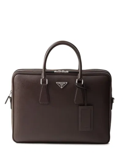 Prada Saffiano Leather Zip Briefcase In Brown