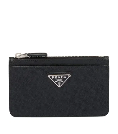 Prada Saffiano Leather Zip Card Holder In Black
