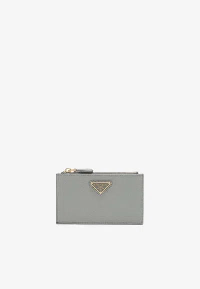 Prada Saffiano Leather Zip Cardholder In Gray
