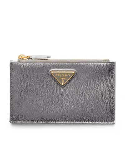 Prada Saffiano Leather Zip-up Card Holder In Gray