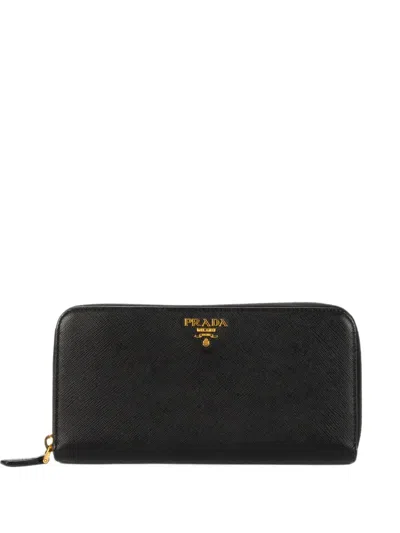 Pre-owned Prada Saffiano Leather Zip-around Wallet In Black