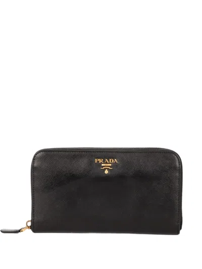 Pre-owned Prada Saffiano Leather Zip-around Wallet In Black