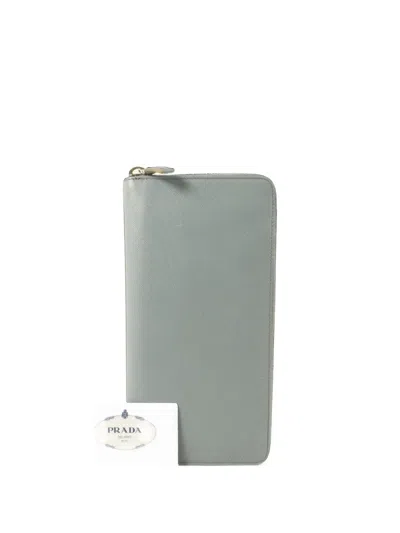 Pre-owned Prada Saffiano Leather Zip-around Wallet In Blue