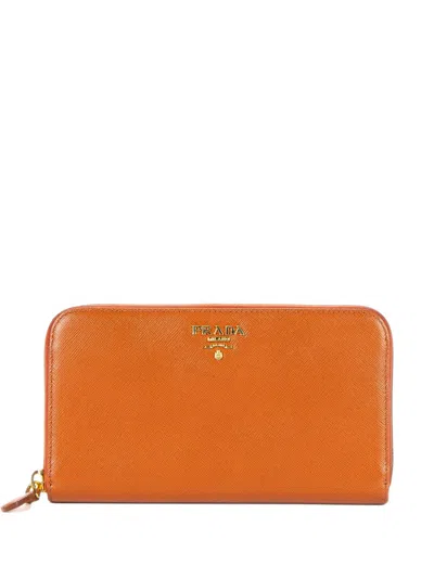 Pre-owned Prada Saffiano Leather Zip-around Wallet In Orange