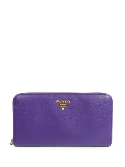 Pre-owned Prada Saffiano Leather Zip-around Wallet In Purple