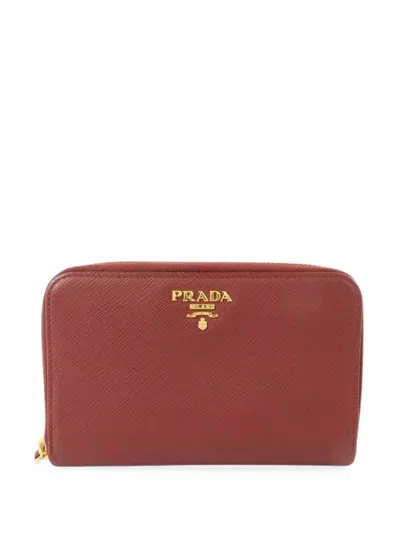 Pre-owned Prada Saffiano Leather Zip-around Wallet In Red