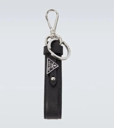 Prada Saffiano Logo Leather Keychain In Black