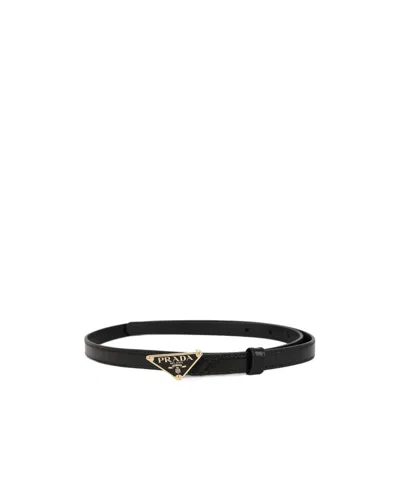 Prada Saffiano Logo Plaque Belt In Black