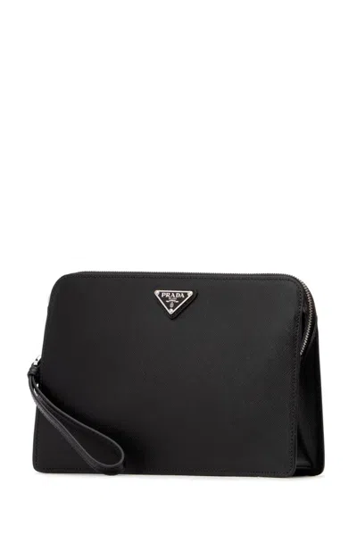 Prada Saffiano Logo Plaque Clutch Bag In Black