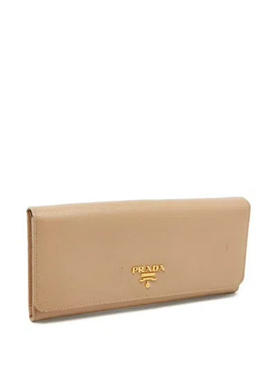 Pre-owned Prada Saffiano Logo-plaque Wallet In Neutral